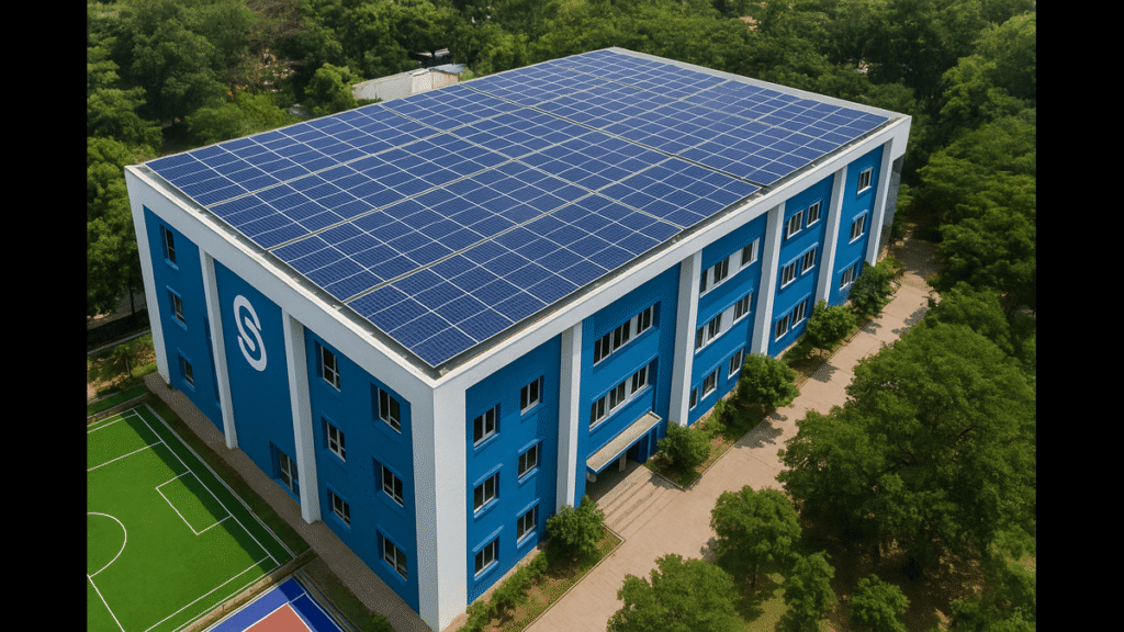 Solar rooftop installation on a school to reduce electricity costs and support green energy
